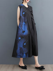 Printed Loose Sleeveless Round-neck Midi Dresses