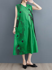 Printed Loose Sleeveless Round-neck Midi Dresses