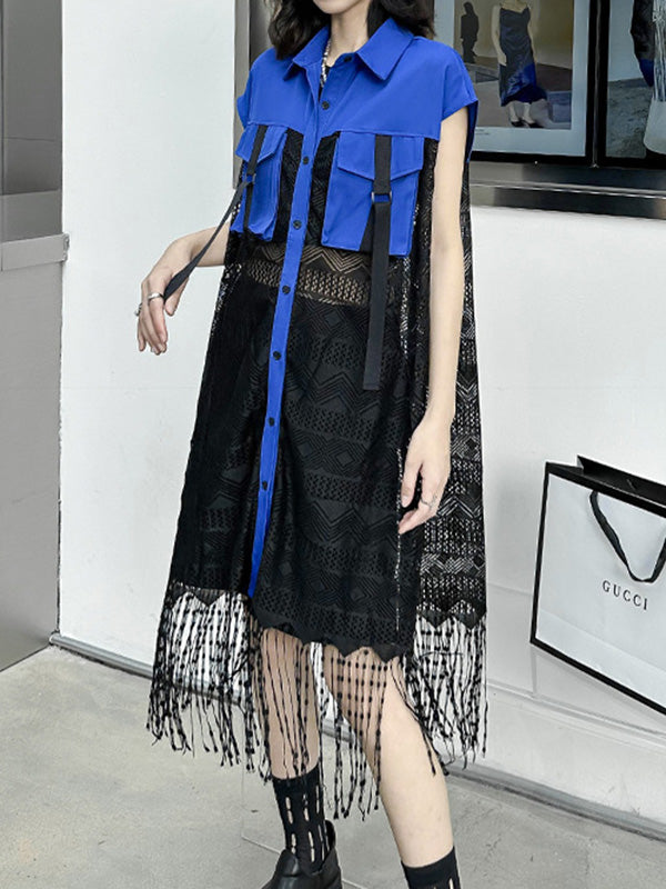 Sleeveless See-Through Split-Joint Tasseled Lapel Lace Midi Dresses