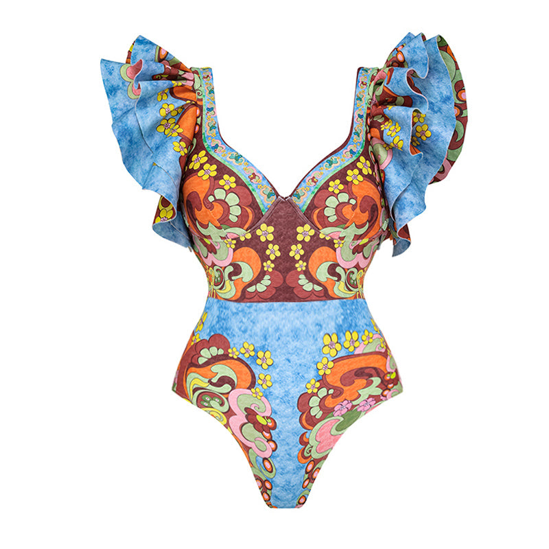 V Neck Ruffle Underwired Printed Backless One Piece Swimsuit and Skirt(Shipped on Jan 11th)