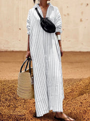 Long Sleeves Striped Lapel Maxi Dresses