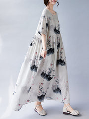 Pleated Printed Split-Joint Loose Short Sleeves Round-neck Midi Dresses