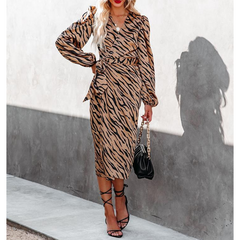 V-neck Leopard Printed Lace Up Long Sleeve Dress