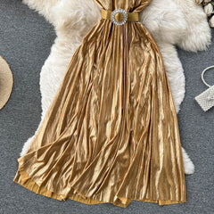 Flaxmaker Bandeau Backless Waist Shiny Party Dress