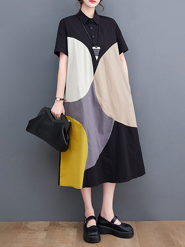 Color-Block Contrast Color Split-Joint Loose Oversize Lapel Shirt Dress Midi Dresses
