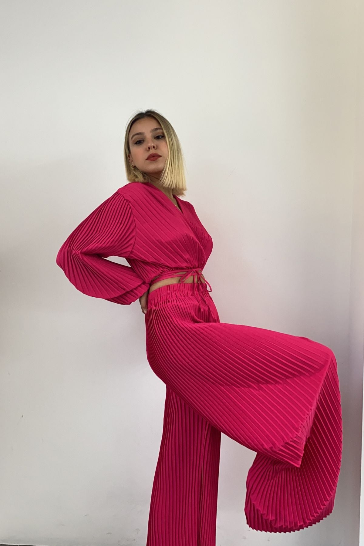 V Neck Puff Sleeve Fold Two Piece Set