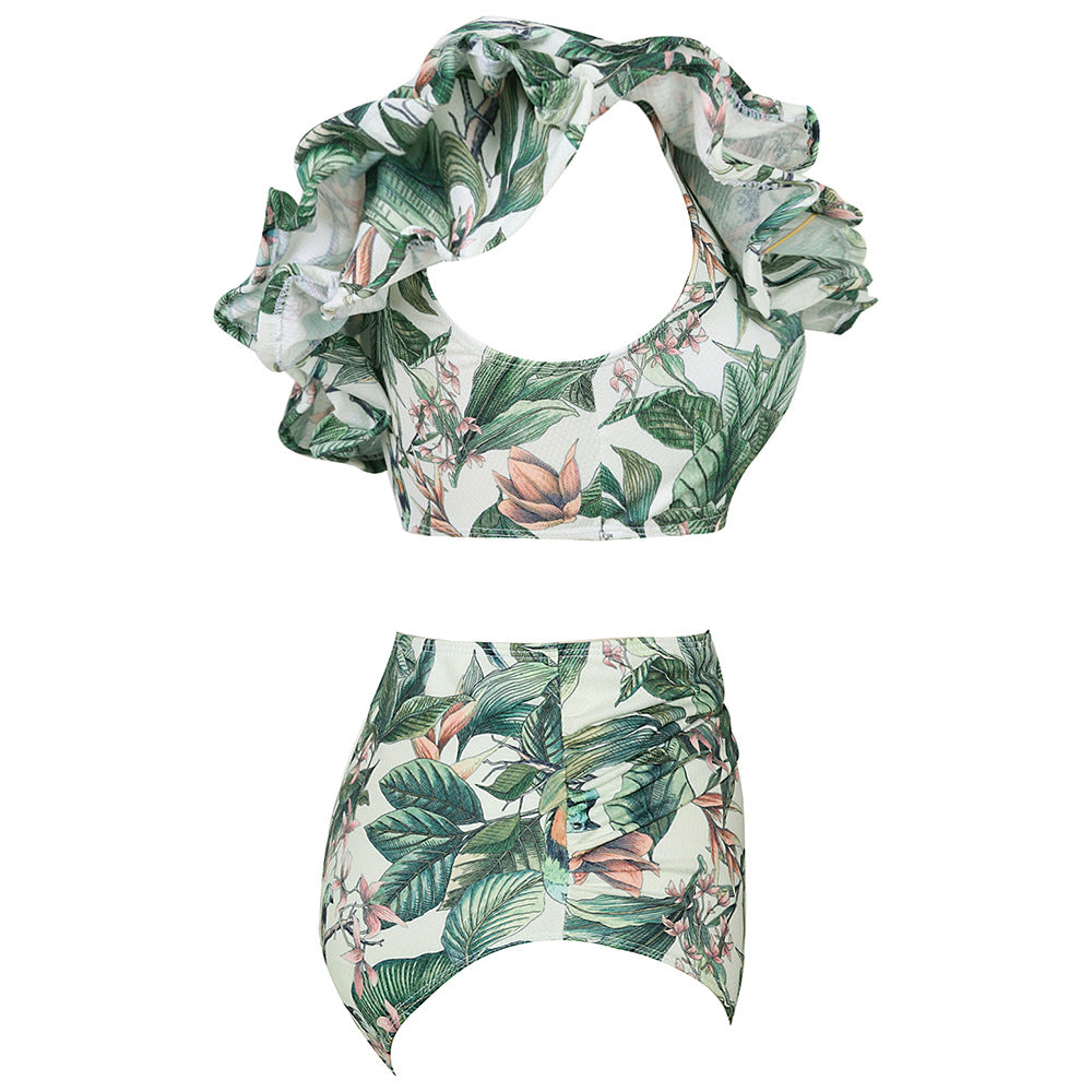 One Shoulder Ruffled White High Waist Bikini Swimsuit Flaxmaker