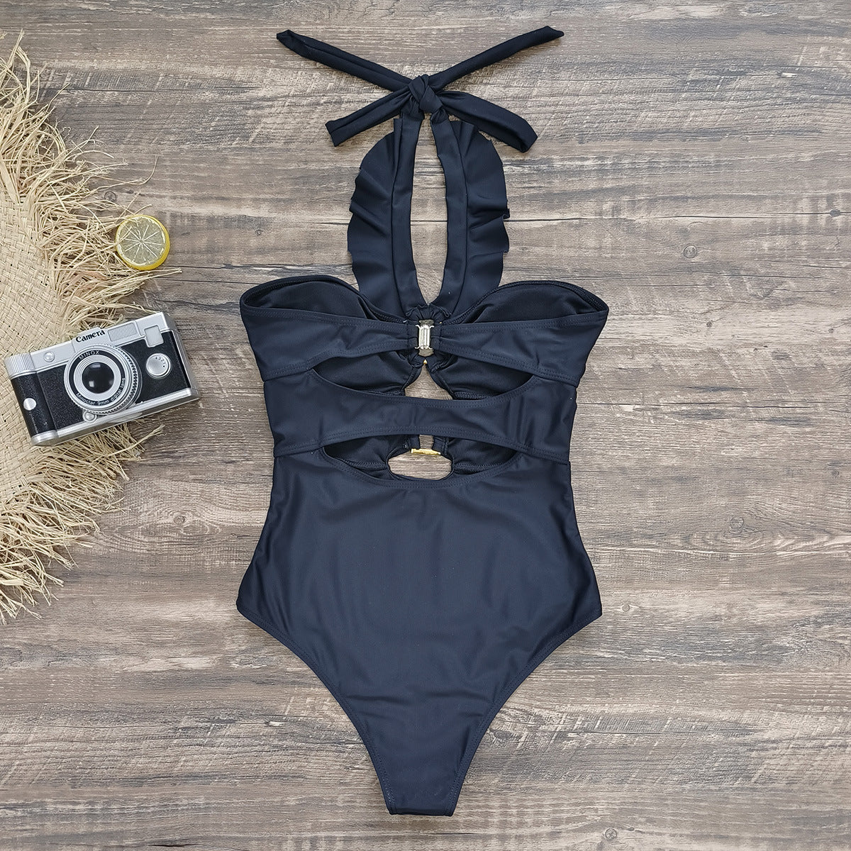 Ruffle Cutout Halter One Piece Swimsuit