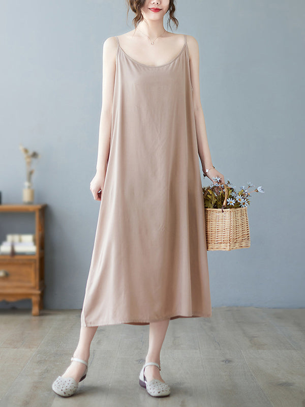 Solid Color Loose Sleeveless Spaghetti-Neck Midi Dresses