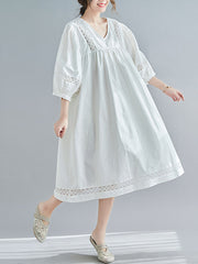Vintage Hollow Split-Joint Loose Bishop Sleeve Midi Dress