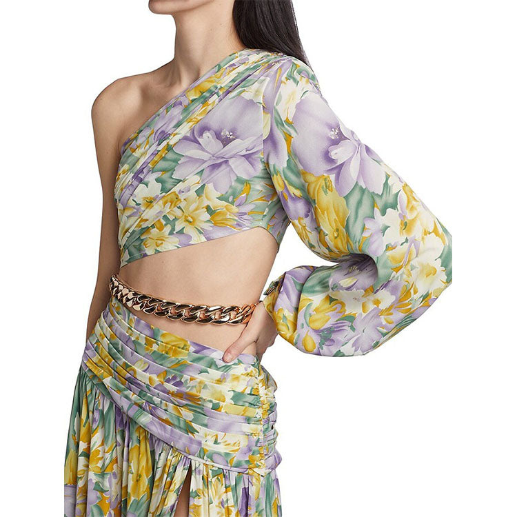 One Shoulder Cut out Floral Printed Dress