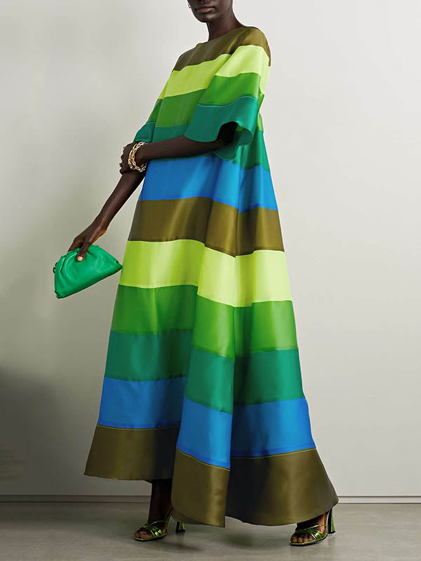 Flared Sleeves Half Sleeves Backless Contrast Color Multi-Colored Striped Round-neck Maxi Dresses