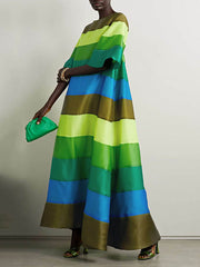 Flared Sleeves Half Sleeves Backless Contrast Color Multi-Colored Striped Round-neck Maxi Dresses