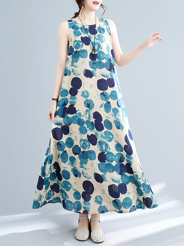 Polka-Dot Loose Sleeveless Round-Neck Maxi Dresses