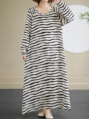 Contrast Color Elasticity Striped A-Line Long Sleeves Round-Neck Maxi Dresses