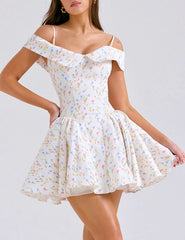 White Floral Print Off-Shoulder Mini Dress