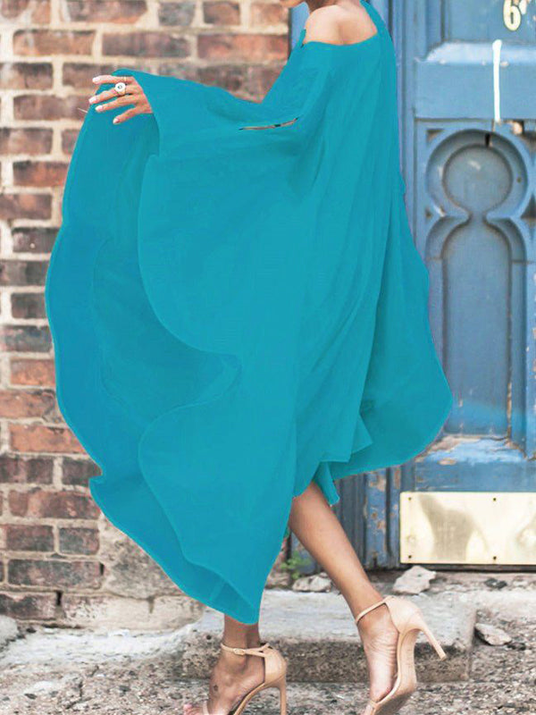 Asymmetric Solid Color Batwing Sleeves Cold shoulder Midi Dresses