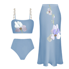 Flower Detail Pearl Strap High Waist Bikini Swimsuit and Skirt Flaxmaker