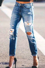 Fashion Sexy Print Ripped Patchwork Mid Waist Straight Denim