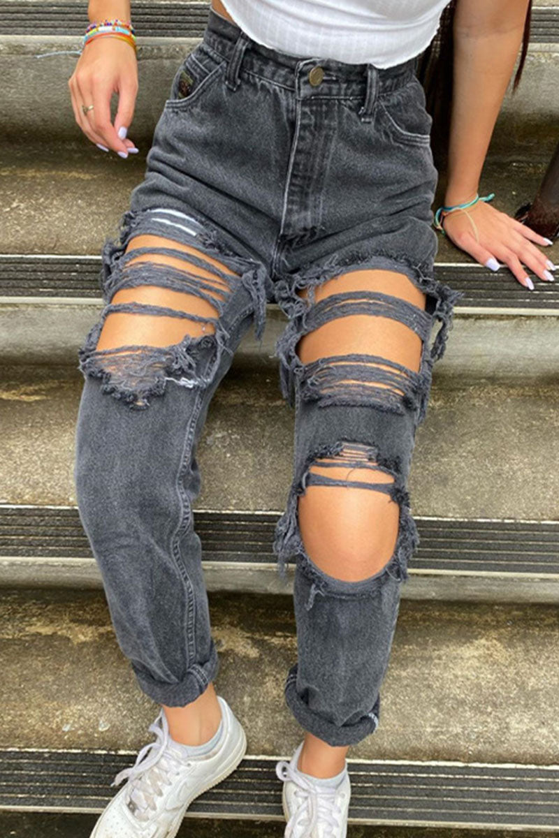 Fashion Sexy Solid Ripped Mid Waist Straight Denim