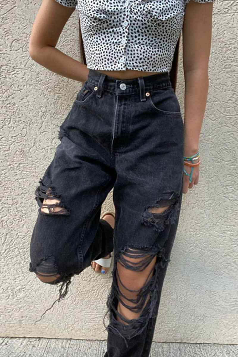 Fashion Sexy Solid Ripped Mid Waist Straight Denim