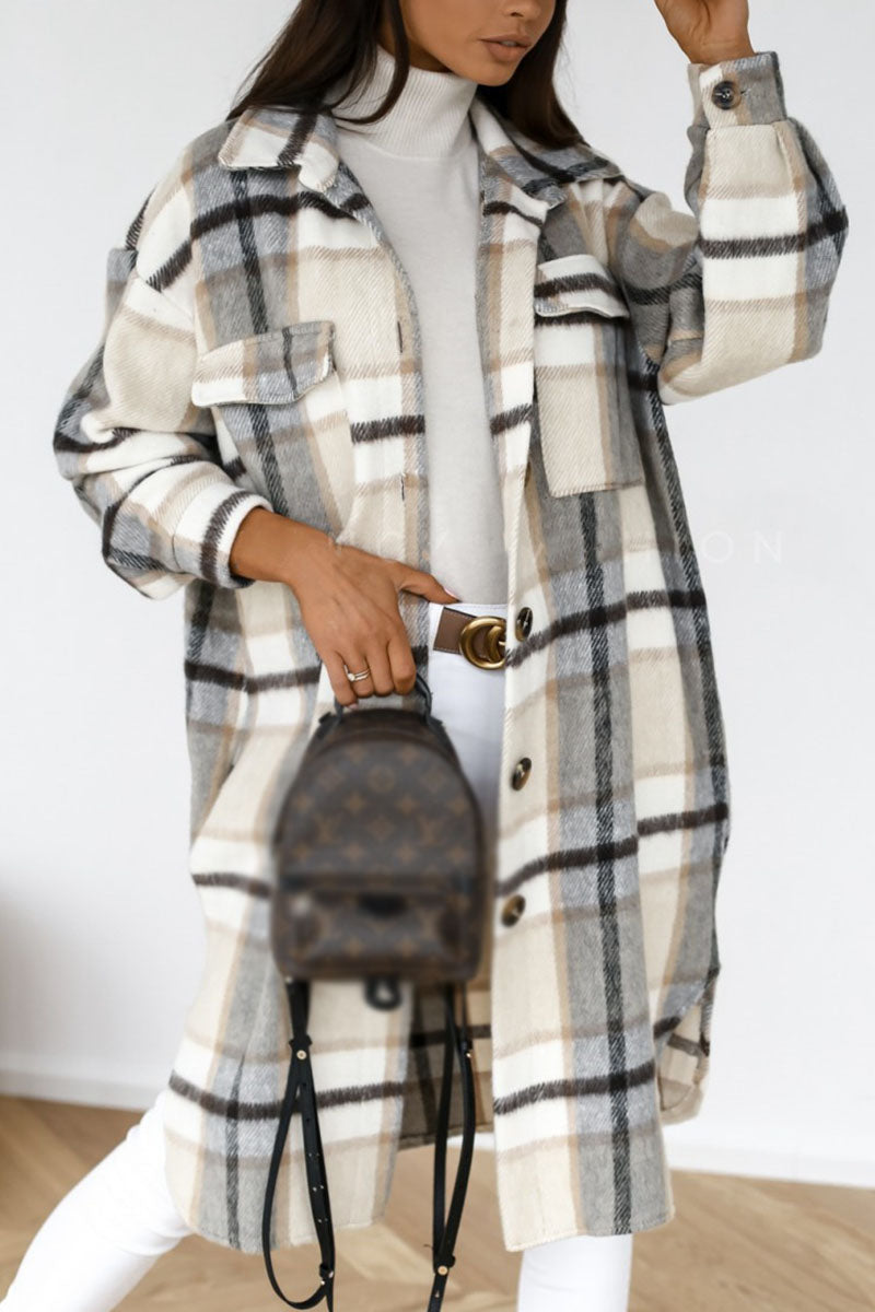 Fashion Street Plaid Patchwork Turndown Collar Outerwear