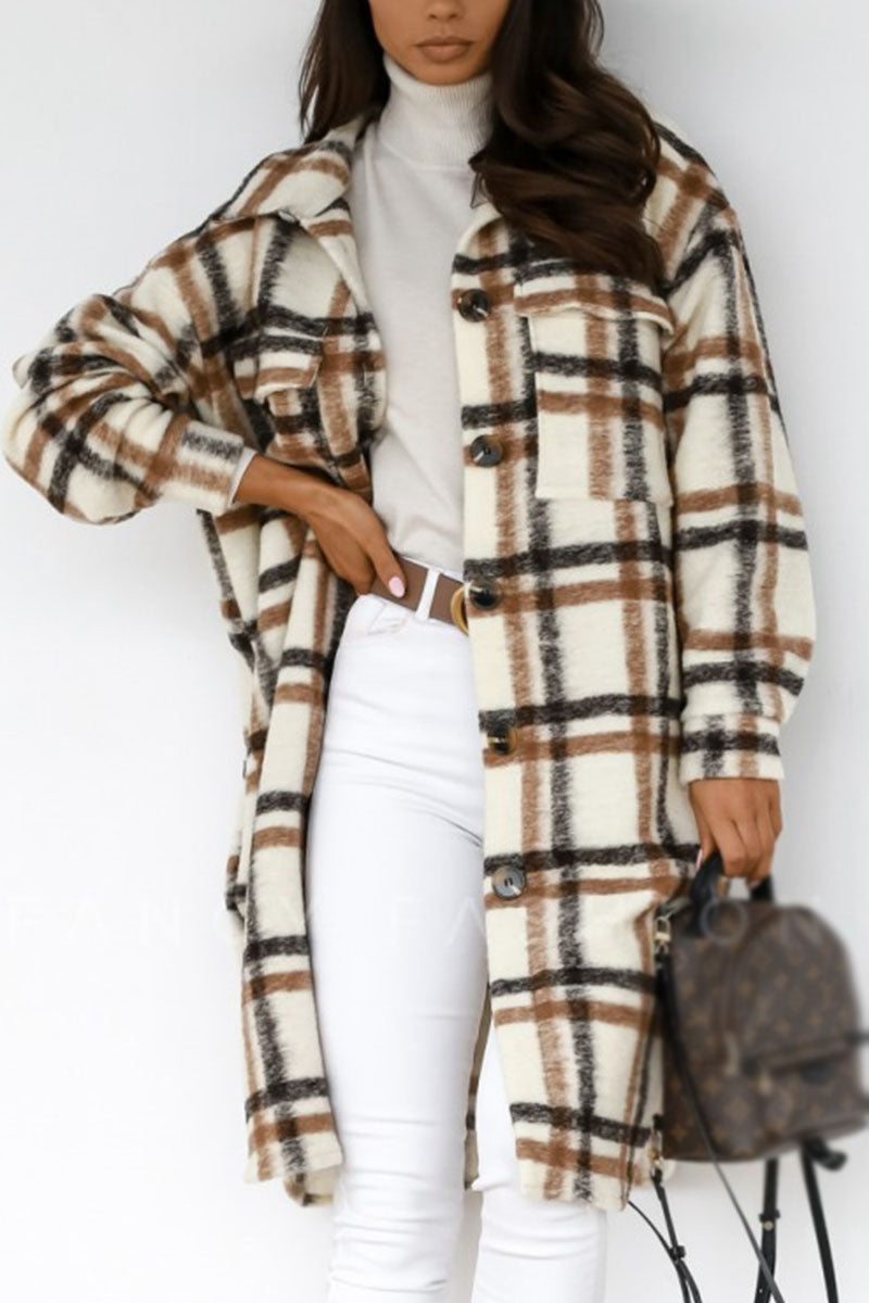 Fashion Street Plaid Patchwork Turndown Collar Outerwear