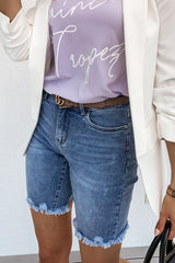 Fashion Street Solid Mid Waist Straight Denim Shorts