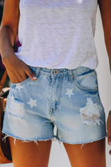 Print The stars Tassel Ripped Make Old Denim Shorts