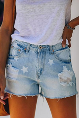 Print The stars Tassel Ripped Make Old Denim Shorts