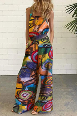 Street Graffiti Buttons Square Collar Straight Jumpsuits