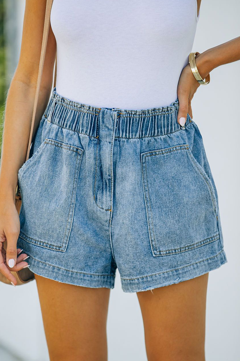 Street Solid Patchwork Pocket Straight Denim Shorts