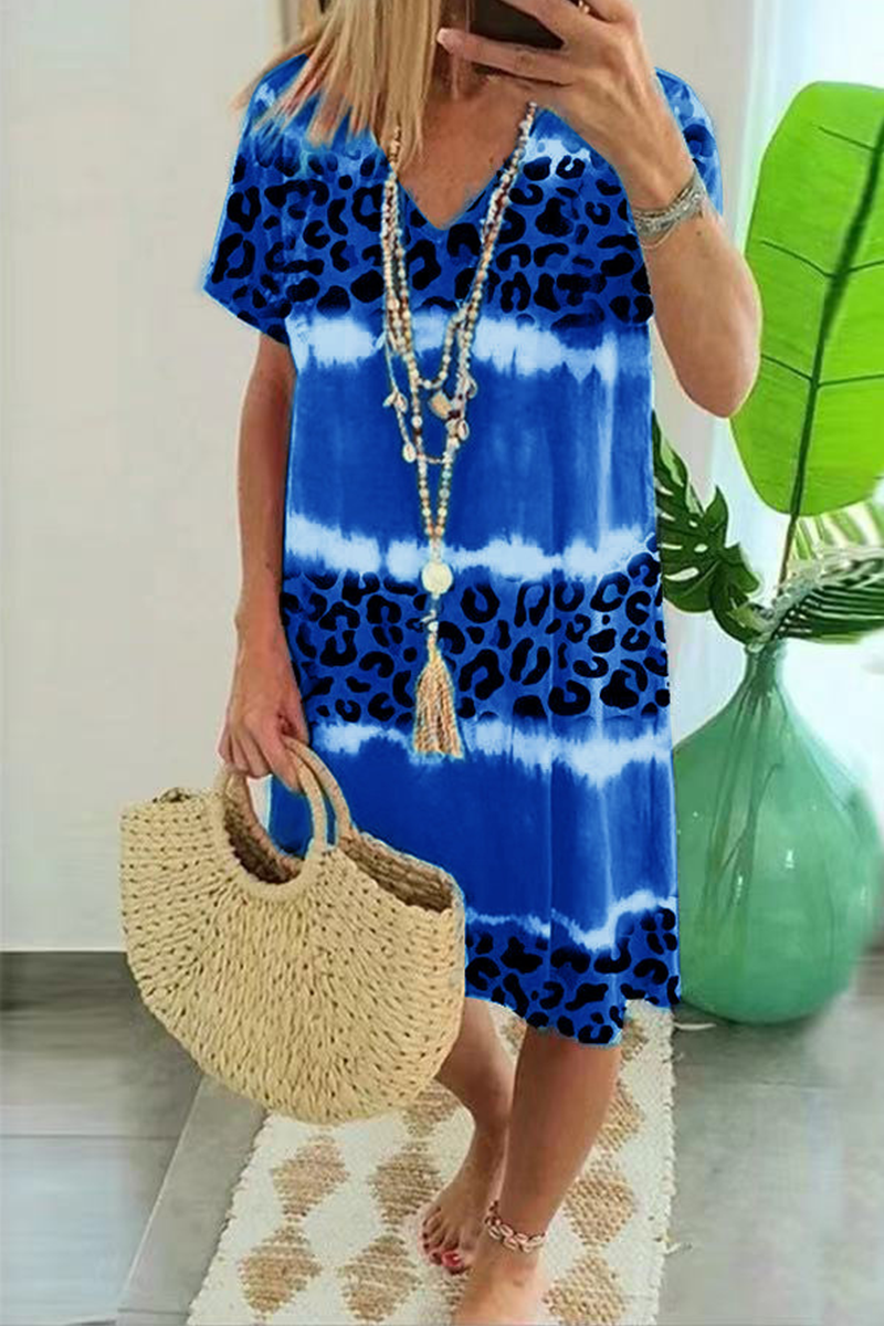 Street Leopard Tie Dye Split Joint V Neck Dresses(5 Colors)