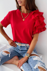 Casual Solid Patchwork Flounce O Neck T-Shirts(4 Colors)