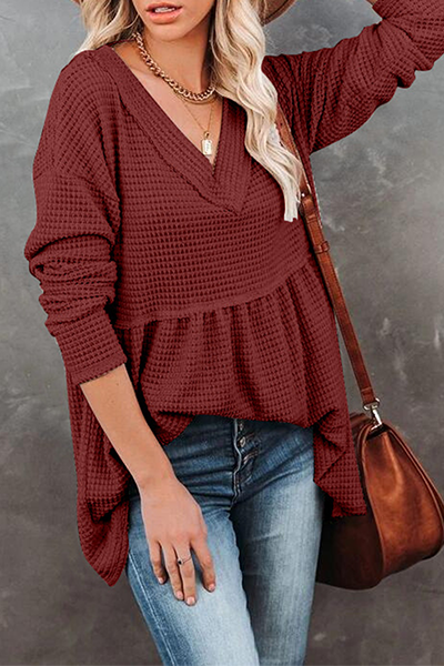 Casual Solid Patchwork Fold V Neck Tops(7 colors)