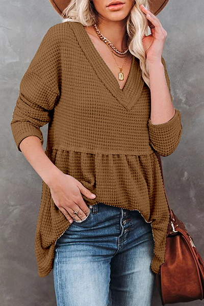 Casual Solid Patchwork Fold V Neck Tops(7 colors)