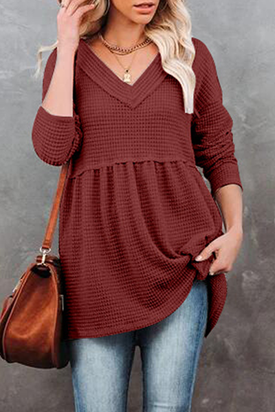 Casual Solid Patchwork Fold V Neck Tops(7 colors)