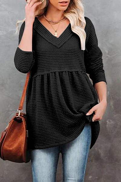 Casual Solid Patchwork Fold V Neck Tops(7 colors)