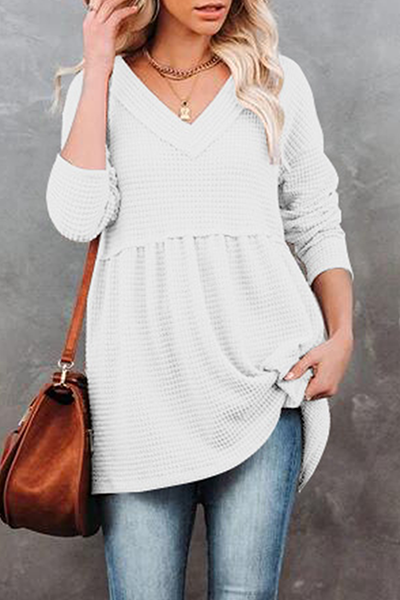 Casual Solid Patchwork Fold V Neck Tops(7 colors)