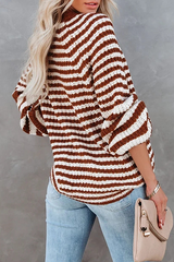 Casual Striped Split Joint Buckle V Neck Tops