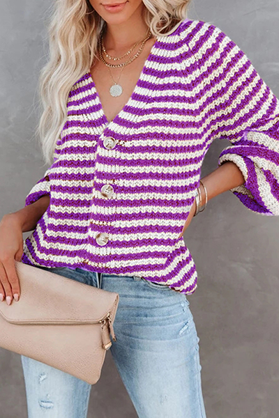 Casual Striped Split Joint Buckle V Neck Tops