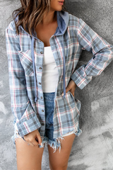 Street Plaid Frenulum Buckle Hooded Collar Blouses(4 Colors)