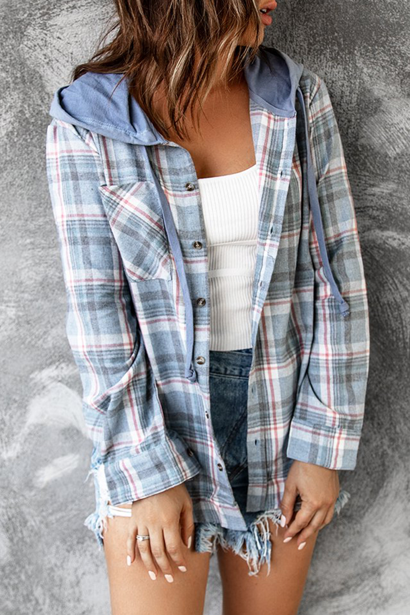 Street Plaid Frenulum Buckle Hooded Collar Blouses(4 Colors)