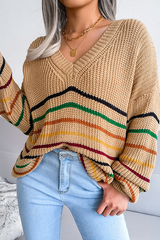 Casual Striped Split Joint V Neck Tops Sweater