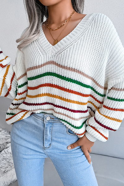 Casual Striped Split Joint V Neck Tops Sweater