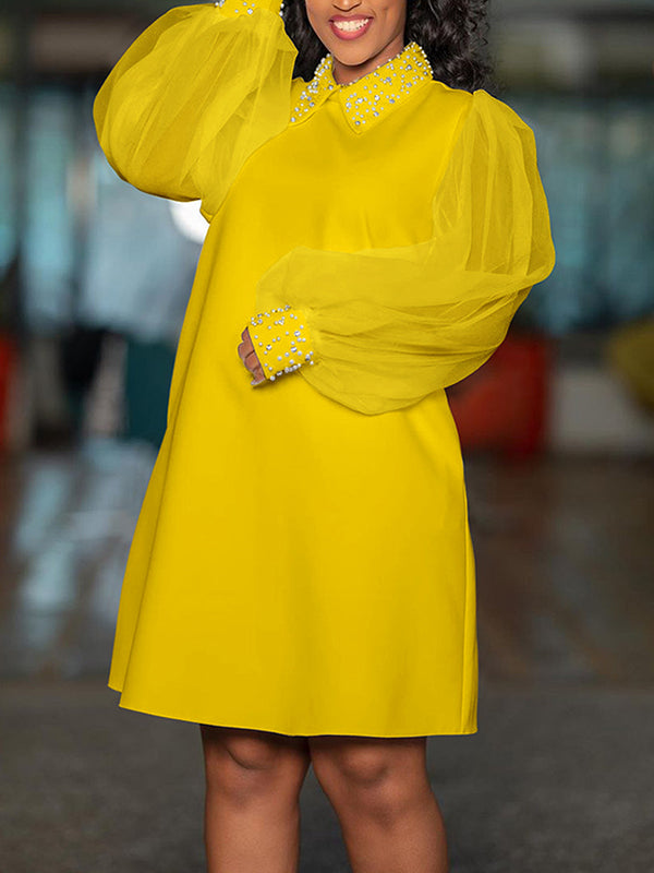 Beads Mesh Solid Color Split-Joint Puff Sleeves Round-neck Midi Dresses