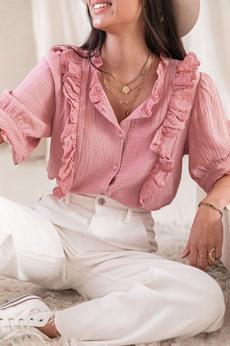 Casual Solid Lace Turndown Collar Blouses