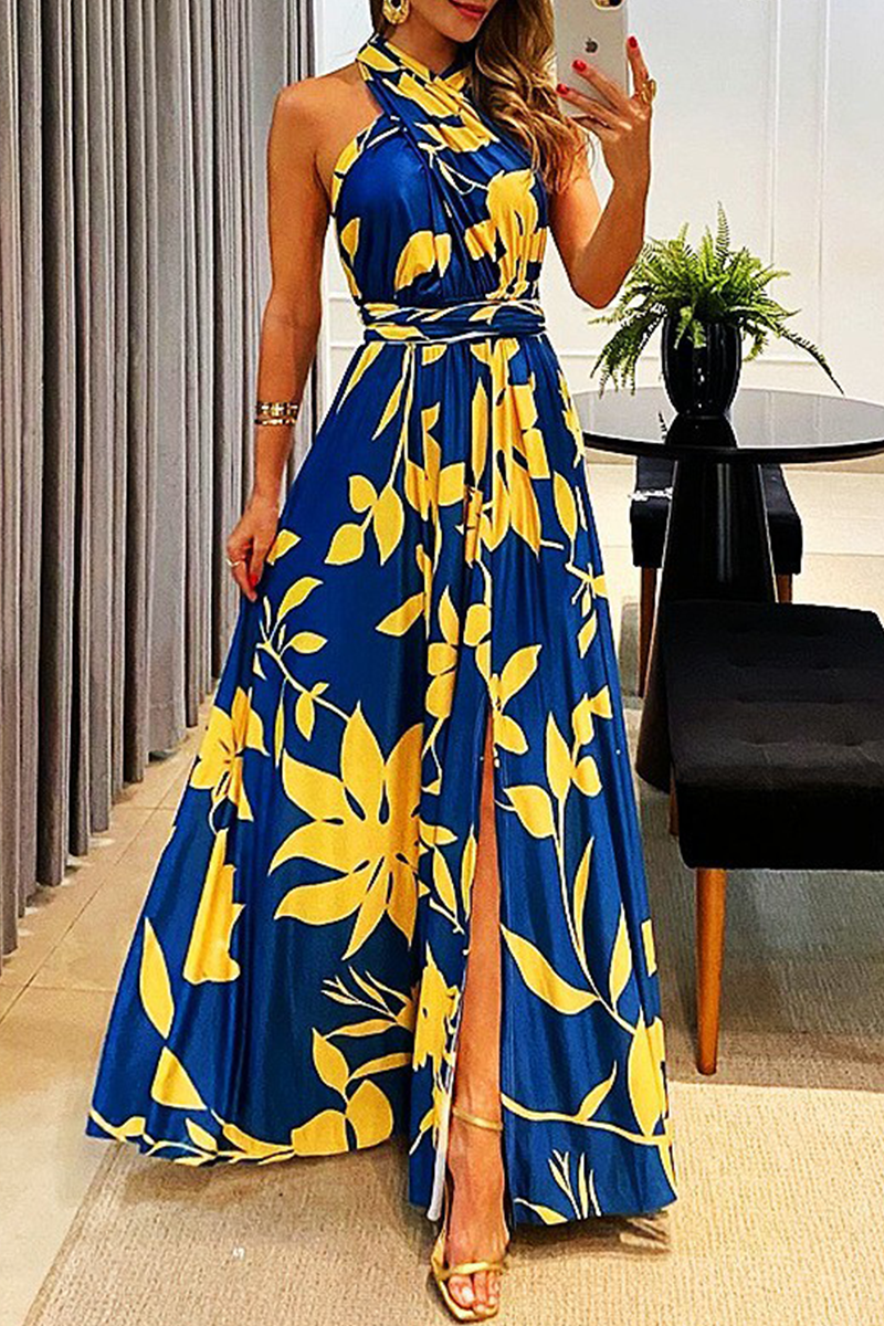 Casual Print Patchwork Halter Waist Skirt Dresses