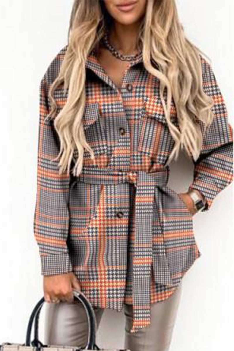 Street Plaid Buckle With Belt Turndown Collar Outerwear(5 Colors)