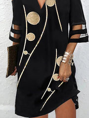 Hollow Mesh Polka-Dot Printed Split-Joint Half Sleeves Loose Cold shoulder Mini Dresses